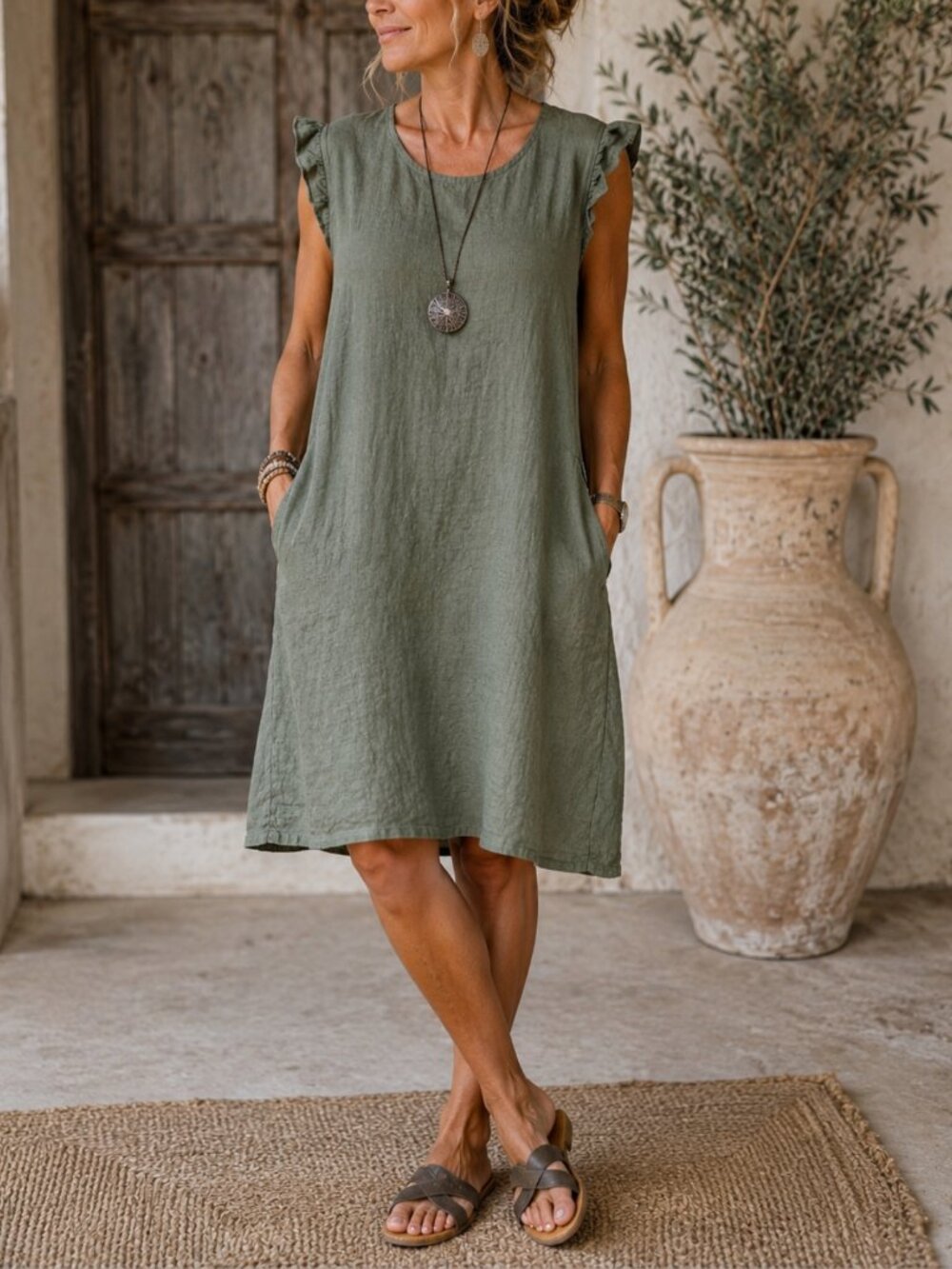 Lina Tomei Olive 100% Linen Shift Dress XL Pockets Italy Lagenlook Coastal EUC